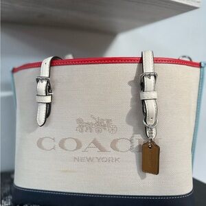Coach Canvas Tote Bag | Cream Logo Print | Colorblock Trim | Top Handle Satchel